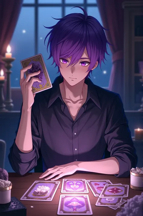 Young man with purple hair sitting at a table with tarot, in his left hand a tarot card, アニメ, he is a maho