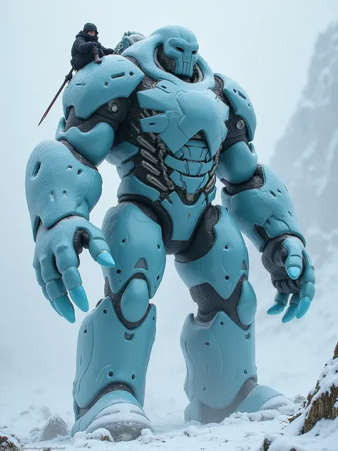 A man deformed into a humanoid ice mutant, wears a shiny ice-themed armor filled with tubes. He is very tall, 2.10 meters, ((has a device on his back similar to a backpack, a person on his back)) his companion, who fights on his back while he is trapped on...