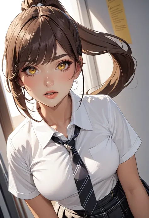 ((best quality)), ((Masterpiece)), (details), Young woman, alone, (Medium bust, brown hair, yellow eyes, ((Ponytail)) , Hip fart, handsome face, (Tanned skin:1.3), Long eyelashes,Thick eyelashes) , ,white polo, tie, black plaid skirt, school