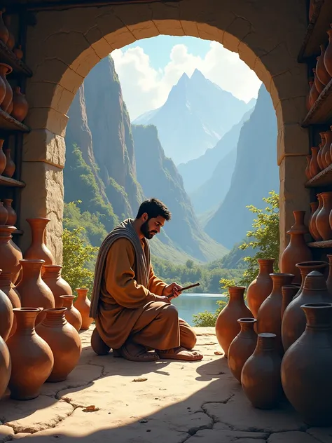 Show the picturesque village surrounded by mountains, where everyone knows and respects the artisan Elias. He is working in his workshop, surrounded by the many vases he has created, while his eyes reflect a calm determination. Highlight the simplicity of ...