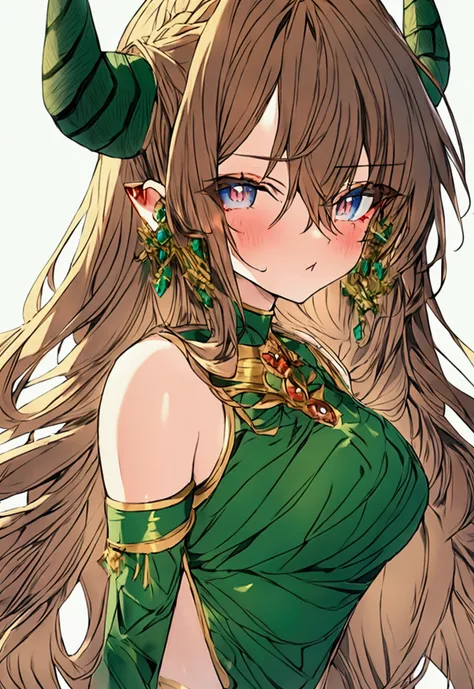 anime girl, brown hair and emerald colored eyes. dragon horns, high, Confident look and expression, toned body 