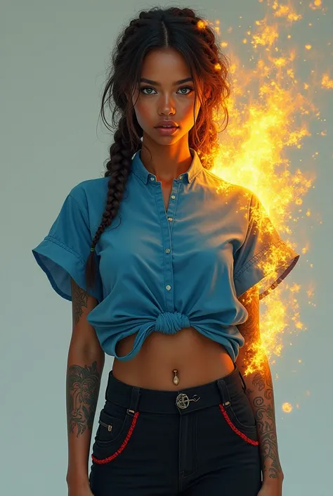 Woman with light brown skin, blue eyes, braided hair, wearing a short-sleeved blue blouse with yellow sparks of fire coming out, with tattoos on her ribs and arm, wearing black pants with red details, wearing white sneakers .