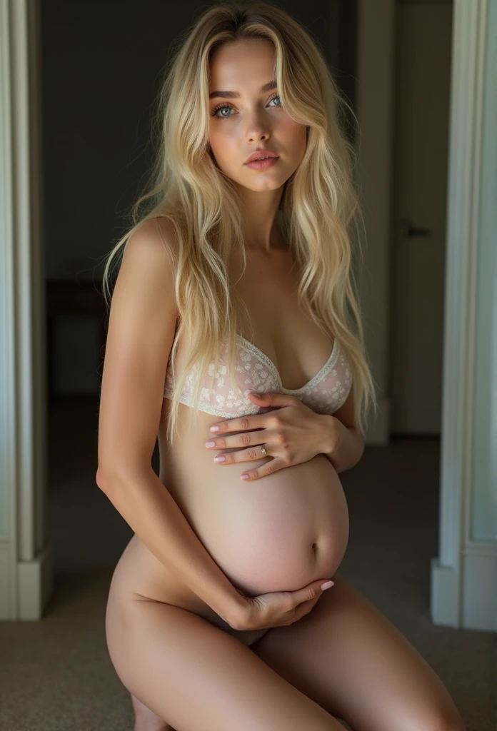 Create realistic 13-years-old girl photos with long blond hair (ukranian), Cute face, (big boobs), pregnant, squatting, Slender body, skinny open legs, Thin ankles, thin-waist, naked, bodypaint, exposed, creampie, sperm on face, sexy posing Info