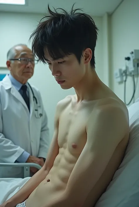 1boy、Handsome Men、Japanese male, 、handsome man、Mash Hair、Completely naked、Full nudity、erection、Huge penis、Highest quality、Realistic、beautiful、Sad look、Hospital examination room、An old doctor next to me、Cover your penis with both hands