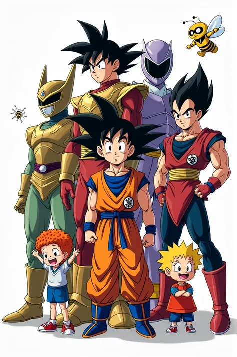 Image with white background and the main characters of Dragon Ball, Super champions, Knights of the Zodiac, POWER Rangers, Baby of the Dinosaur Family, Addams Family, Rugrats y Bumblebee