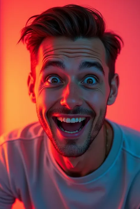 A dynamic close-up of a man in his early 30s with a sharp jawline, expressive eyes, and neatly combed hair. Hes wearing a fitted t-shirt and has a slightly exaggerated expression of surprise or excitement, with a brightly colored, high-contrast background....