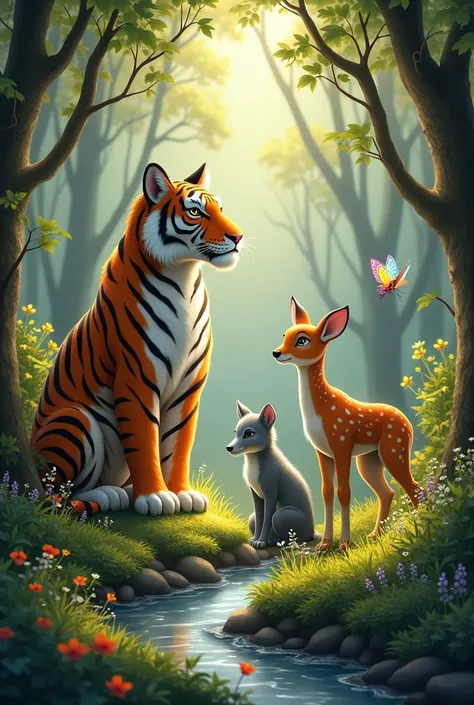 A tiger, a wolf, a butterfly,  and a fawn happily in a forest with a dragonfly