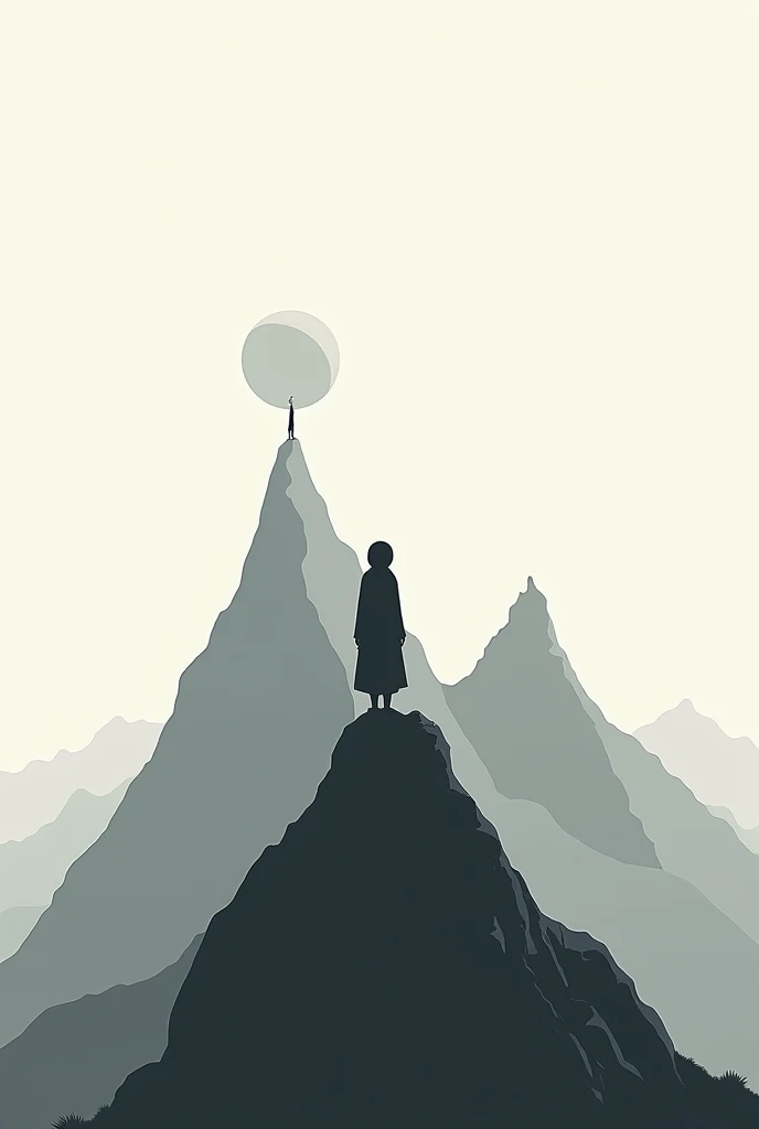 Please create a simple digital art where a Muslim girl is standing on top of the mountain , on the other hand make another mountain where a thing is on top of the mountain. Please provide a philosophical view and make sure there is a meaning behind it, no ...