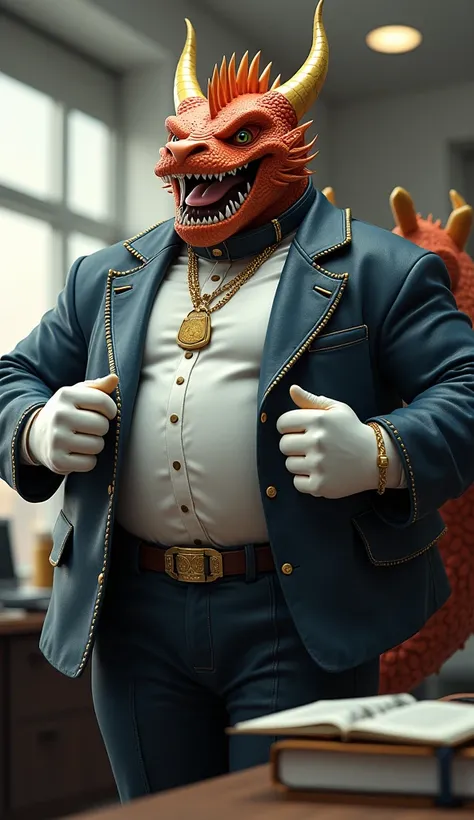 A realistic full body image of an overweight, male anthropomorphic dragon, characterized by glossy-white latex gloves on his hands and feet. The dragon wears a sleek, black leather collar around his neck, embellished with a gold buckle and a dog-tag. Locat...