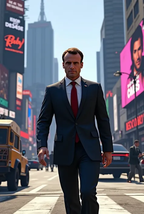 Emmanuel Macron walking down a street in the GTA V video game,