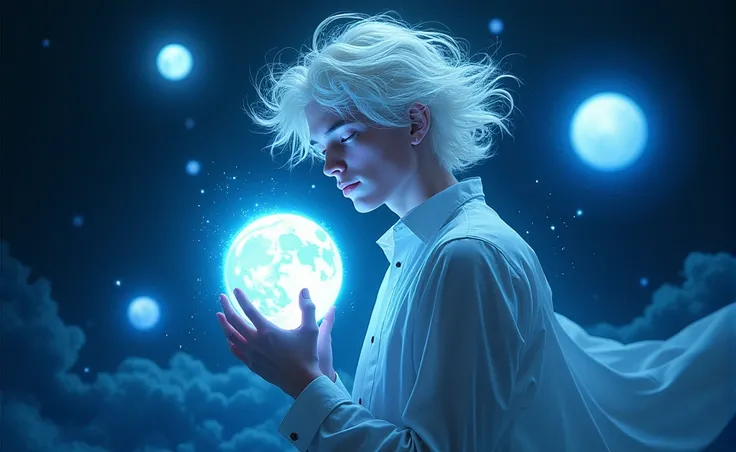 The image depicts a young man with flowing white hair that seems to float in space. The scene is predominantly illuminated in blue tones, highlighting his hair and skin. He is holding a glowing orb, which appears to be a representation of a moon or a small...