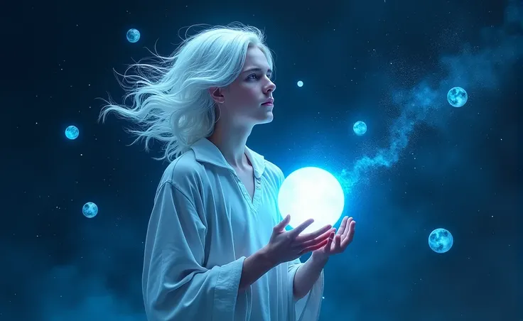 The image depicts a young man with flowing white hair that seems to float in space. The scene is predominantly illuminated in blue tones, highlighting his hair and skin. He is holding a glowing orb, which appears to be a representation of a moon or a small...