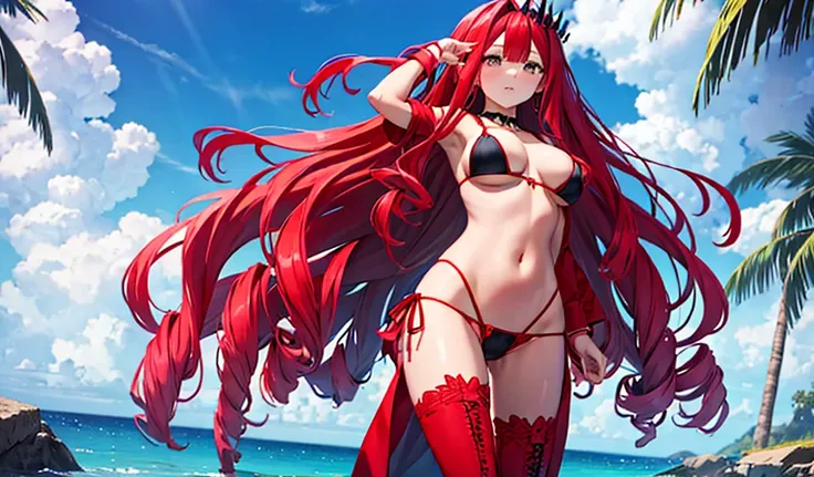 Red long hair girl，Black tiara，B cup chest，Pure red bikini，thigh，Standing，Sunlight，Sea