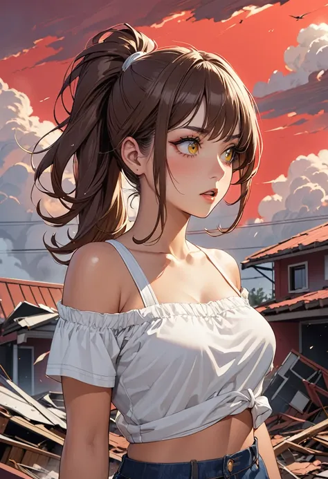 ((best quality)), ((Masterpiece)), (details), Young woman, alone, (Medium bust, brown hair, yellow eyes, ((Ponytail)) , Hip fart, handsome face, (Tanned skin:1.3), Long eyelashes,Thick eyelashes) , look at the sky,Wear casual clothes, Red Sky, Dangerous si...