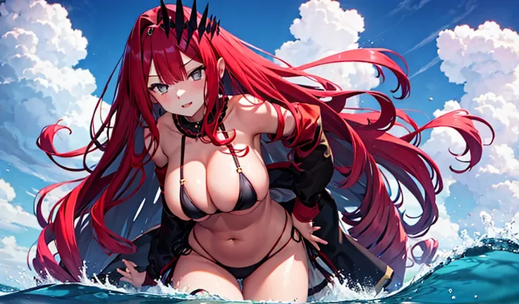 Red long hair girl，Black tiara，B cup chest，Black bikini，thigh，Sunlight，Sea