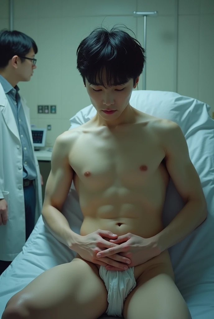 1boy、Handsome Men、Japanese male, 、handsome man、Mash Hair、Completely naked、Full nudity、erection、Huge penis、Highest quality、Realistic、beautiful、Sad look、Hospital examination room、An old doctor next to me、Cover your penis with both hands、X-ray examination