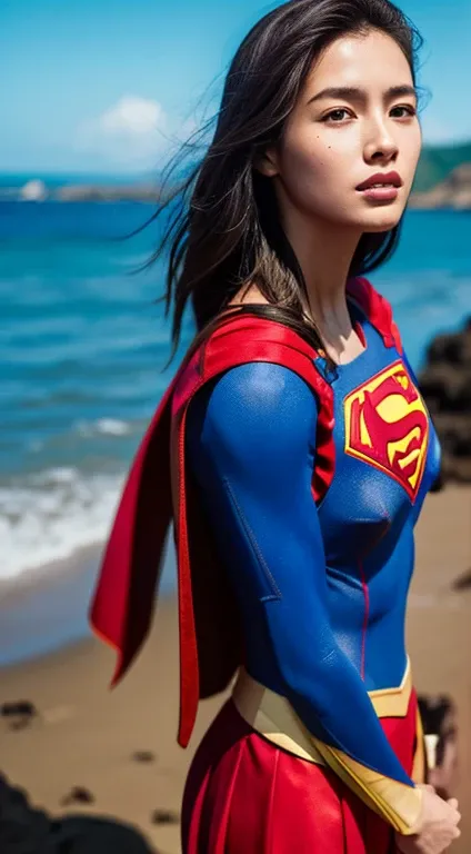 1girl in, Beautiful Hawaiian Woman,((Supergirl Suit)),(sleeveless)，A sexy， superman logo,  full-shot, Standing Pose, looking at the viewers,Hawaiian Landscape,the beach，Detailed background,Photorealsitic、a picture、​masterpiece、reallistic、Reality、photoreali...