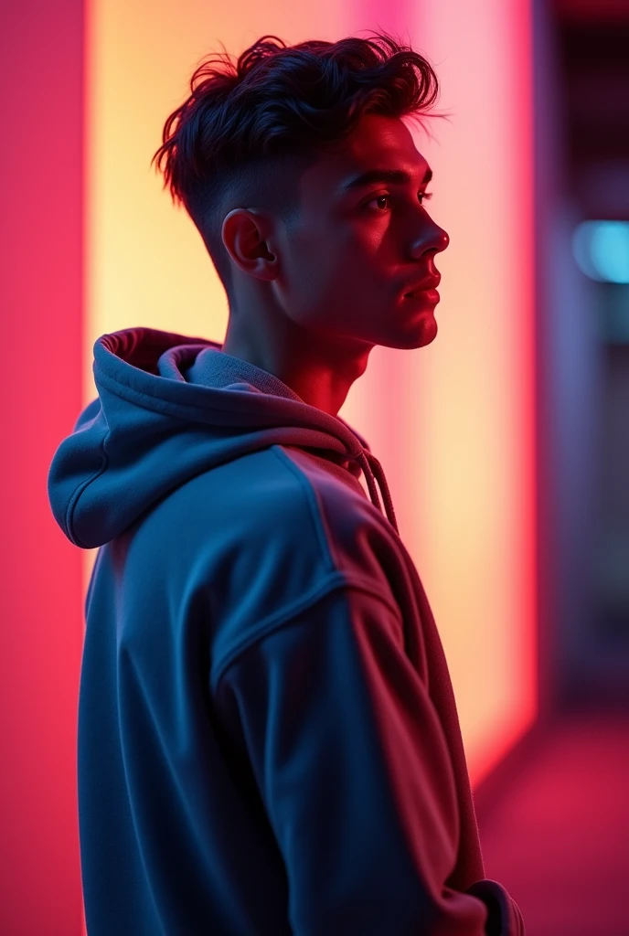 A young man with a clean-shaven face, styled hair, and a focused expression, wearing a casual hoodie. The character is set against a background with striking colors, creating a contrast that makes him stand out, with a slight glow around his silhouette."