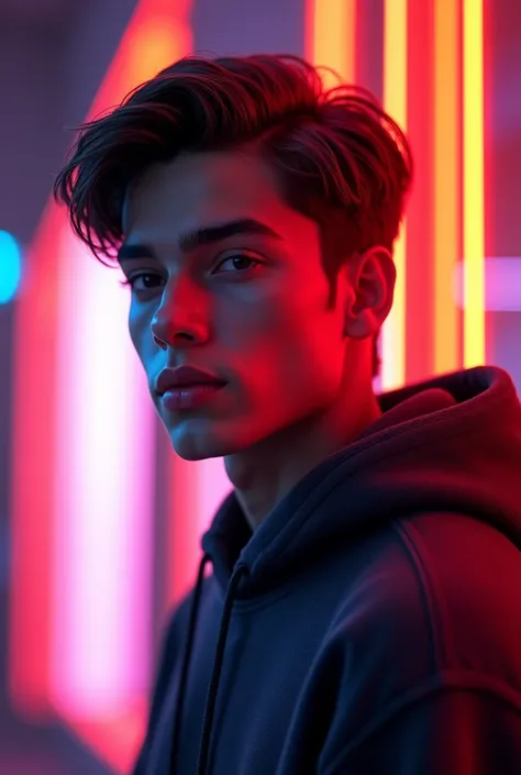 A young man with a clean-shaven face, styled hair, and a focused expression, wearing a casual hoodie. The character is set against a background with striking colors, creating a contrast that makes him stand out, with a slight glow around his silhouette."