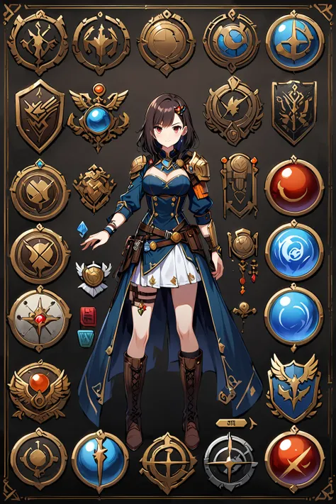 Framed Presentation of a gunner, woman character design sheet for a video game with detailed accessories, long boots, multiple icons, and fantasy clothes,mini skirt,gunner, Ball Gown, buttons to customize the character to your liking, sphere,(game icon),me...