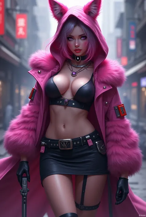 Oh, league of legend, sexy for, wallpapers, detailed eyes, fox ear, (fox tails), a skirt, (long pink fur), medium breasts, Looking at_It is shown in_Looking atl espectador, short_hair, gloves, belly button, fail, blue_there are eyes, Eternal, full_body, we...