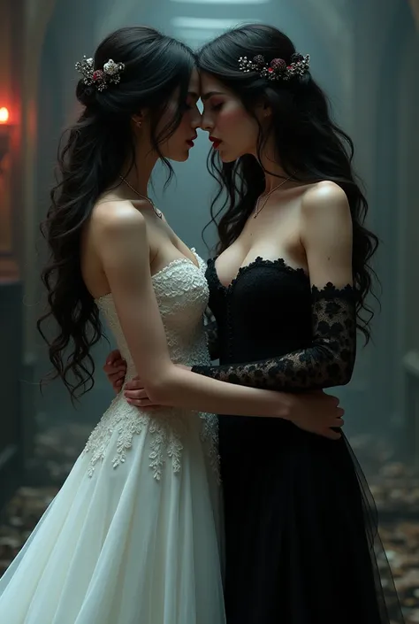 Masterpiece, 
Beautiful bride in white dress seduced by alluring lesbian vampire woman, evil, gothic black lace dress, flattering, cleavage, Long Hair, kiss, glowing red eyes, evil aura, dark, villainess, sexy, (full body)