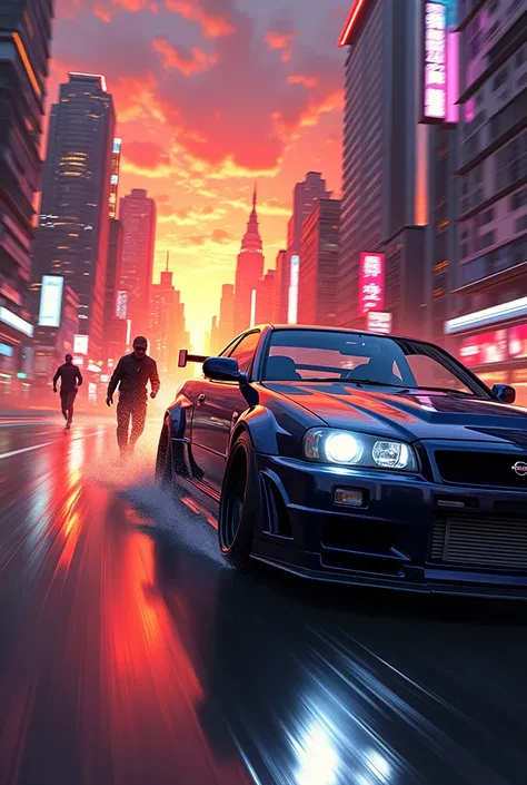 an anime style Nissan Skyline car, chased by dark silhouettes, running towards a city with a sunset and neon lights