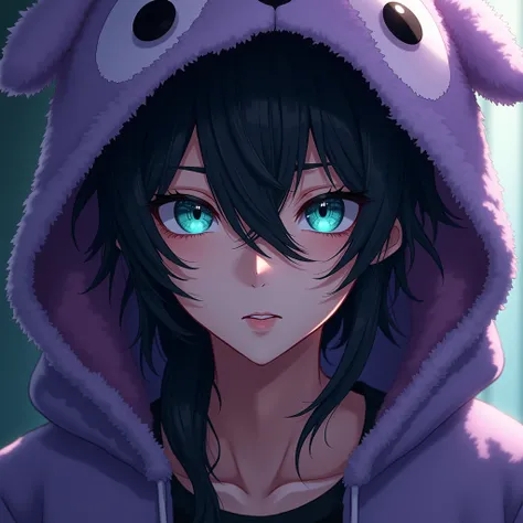 a long black-haired, teal blue-eyed sexy anime boy, wearing a cute purple animal hoodie, cover head, long black hair, front view, knees down, overlook, beautiful, masterpiece, best quality,(((hot))) ((sexy pose))) (seductive))) (shiny))) sexy male. ((((Bre...