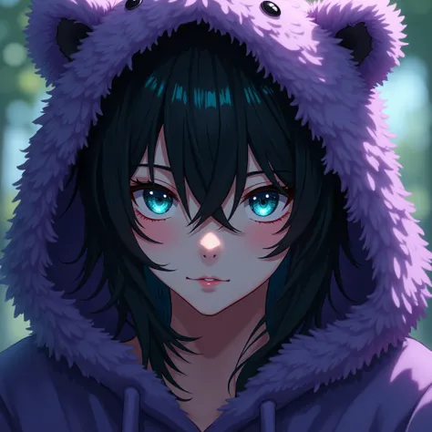 a long black-haired, teal blue-eyed sexy anime boy, wearing a cute purple animal hoodie, cover head, long black hair, front view, knees down, overlook, beautiful, masterpiece, best quality,(((hot))) ((sexy pose))) (seductive))) (shiny))) sexy male. ((((Bre...