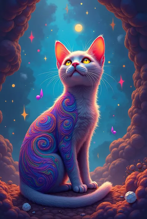 Psychedelic cat listening to music