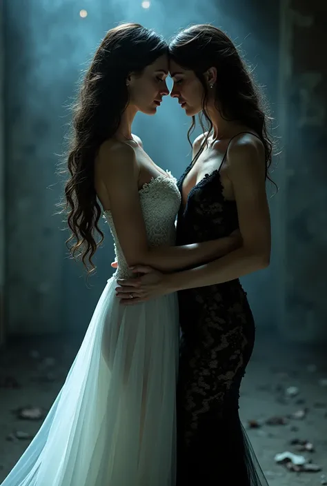 Masterpiece, 
Beautiful bride in white dress seduced by alluring lesbian vampire woman, evil, gothic black lace dress, flattering, cleavage, Long Hair, kiss, bride turning into vampire, evil aura, dark, evil, sexy, (full body)