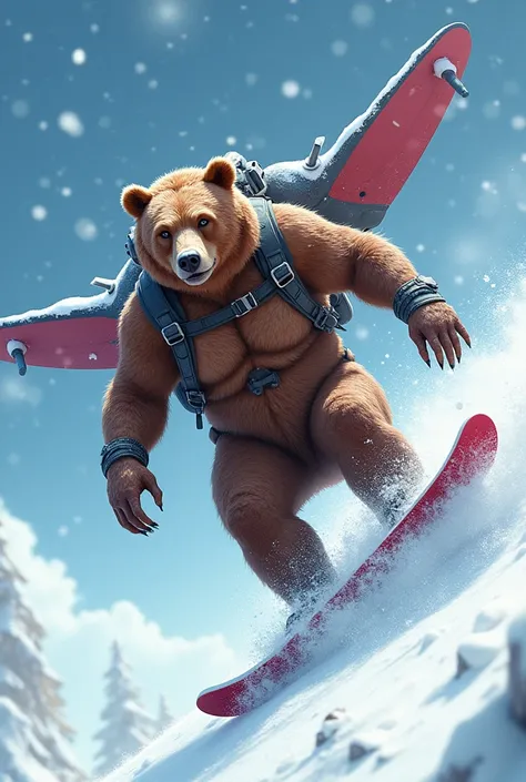 theme:Snow Scenery.   sexy massive brown bear, big backpack with (wide jet wings:1.4), Performing acrobatics on a snowboard in cyberpunk style, (snow splash:1.3), sparkling and snow storm background, pink bra,  in Space War, dildo toy, vibrator, handcuffs,...