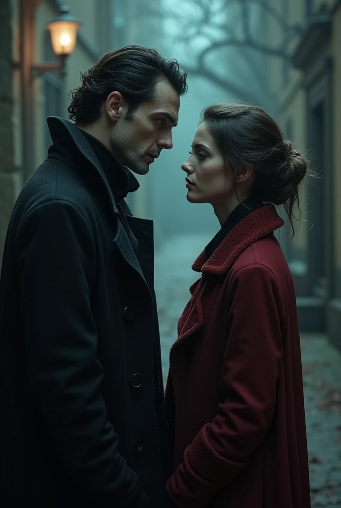 a curious vampire man, looking distantly at a woman in a coat.