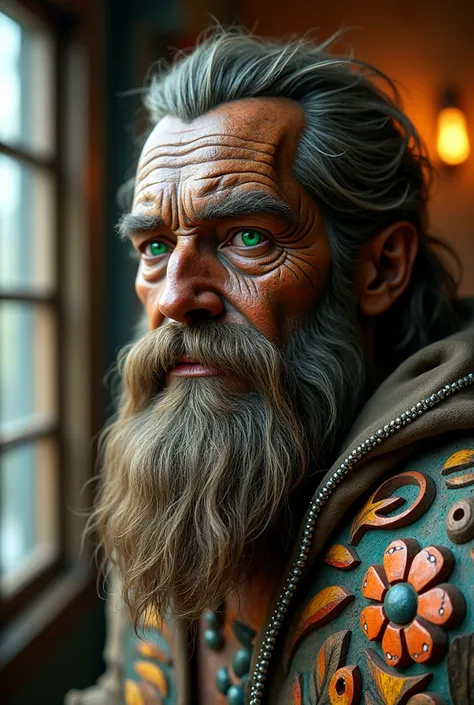 Bearded mountain man Intricate details insanely artwork Wooden painted man, 3D effect ultra-detailed intricate insanely Heart, museum room,  green glass eyes, Carved in wood, painted with bright colors., indie film screencap, dramatic angle, , found footag...