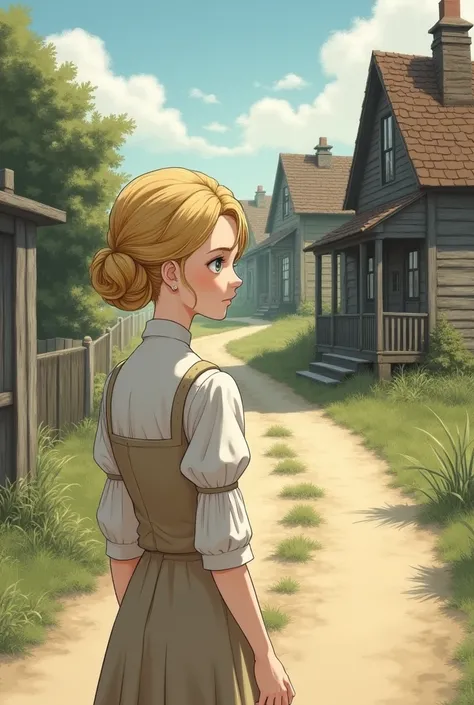 A cute blonde girl dressed elegantly on a dirt road and old houses