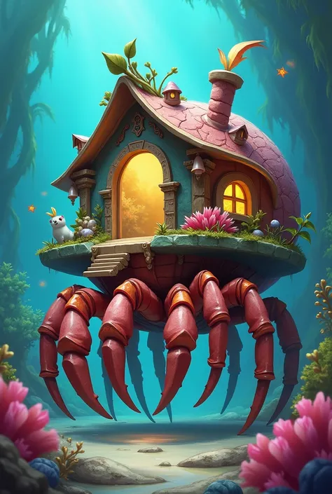 Create a hermit crab carrying a hut on its back in the fantasy style of Role Play Gaming with a place in the front to direct the animal out of the water 