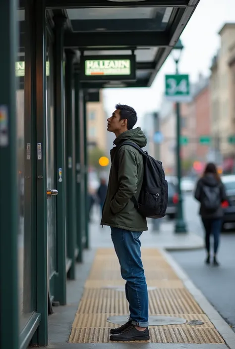 (full body photo shot) 
person waiting for the bus 