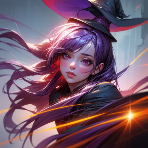 beautiful girl with long purple hair, witch hat, school uniform, long wand, boots, red bow, red eyes, about to release magic, hair tied to one side, detailed eyes, detailed lips, extremely detailed face, longeyelashes, fantasy, magical girl, cinematic ligh...