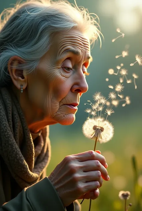 An old woman blows on a dandelion from which musical notes fly