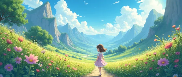 Anime girl, kawaii, walk, beautiful landscape