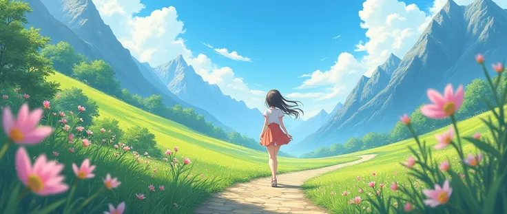 Anime girl, kawaii, walk, beautiful landscape