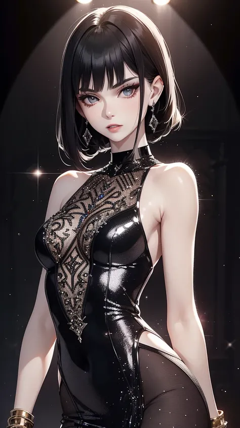 Pale skin, Beautiful slim fit girl, cool, stunning beauty, smug expression, glamerous, sexy, sleeveless sequin figure skating costume, intricate, highly detailed, choker, red-black, stylish black hair, jewelry, diamonds,looking at camera, closeup, 