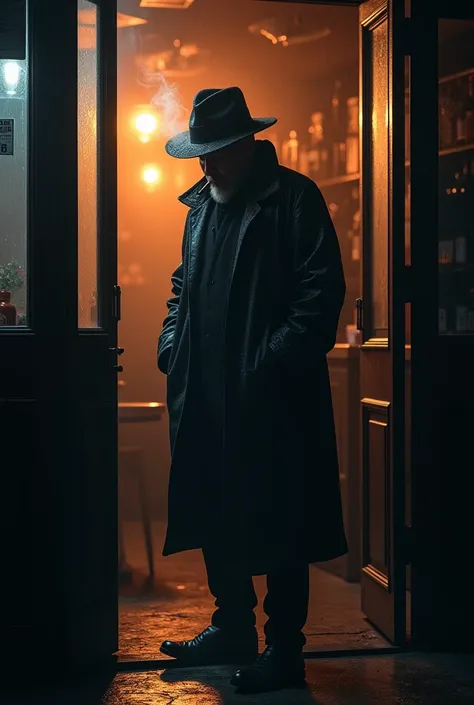 Mysterious man in raincoat smoking at the door of a bar seen from inside the bar