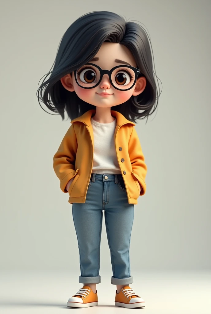 young woman avatar short build decent clothes round face black glasses medium body 3d