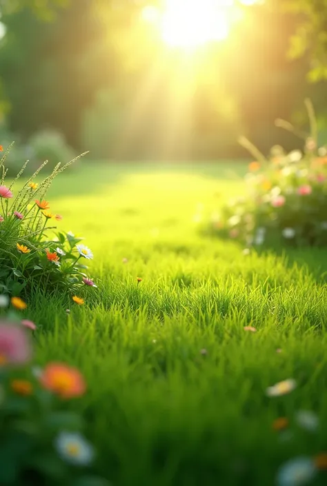 Bright morning in the garden with lots of grass