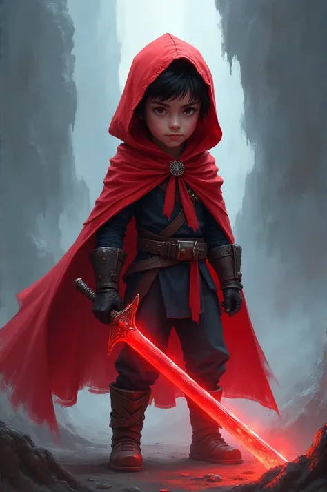 Boy in red hood with a red sword