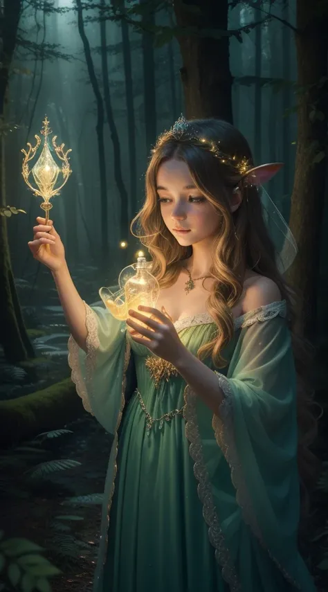 best quality，8k，HD，masterpiece，Ultra Detailed，lifelike，flash，Enchanted Forest，magical atmosphere，Amazing scenery，Colorful，Glowing fairy，queen of the forest，Charming witches，Carefully cast，French formation，Cute fawn，glow，Fluorescence，wand casting，Bottle fil...