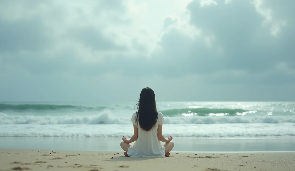 Asian girl, sitting on the sand at the beach looking at the sea on a cloudy day