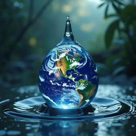 Inside a perfectly formed water droplet, a mesmerizing scene unfolds: the Earth encapsulated in all its breathtaking beauty. The vibrant colors swirl within the droplet, echoing the magnificent hues of a painted masterpiece. The play of light creates a vol...