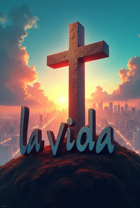 Image with the word LIFE in Spanish for young people with a cross and a city in the background 